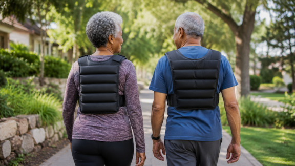A senior couple walking, each with a weighted vest for added fitness. Image by ChatGPT