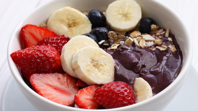 Healthy acai bowls use healthy ingredients like this one with strawberries and bananas