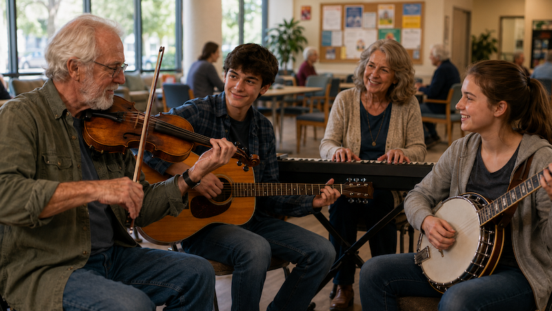 Intergenerational activities: two older adults and two teens play music together in a community center
