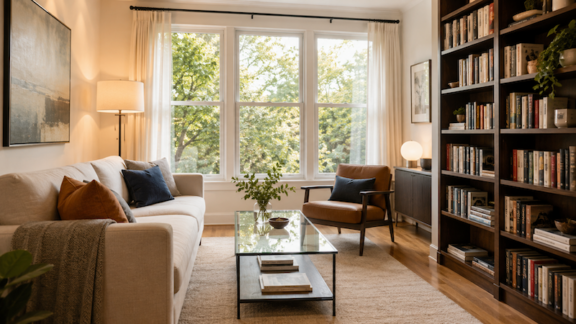 A small living room illustrating downsizing ideas to make a small space feel larger. Image by ChatGPT
