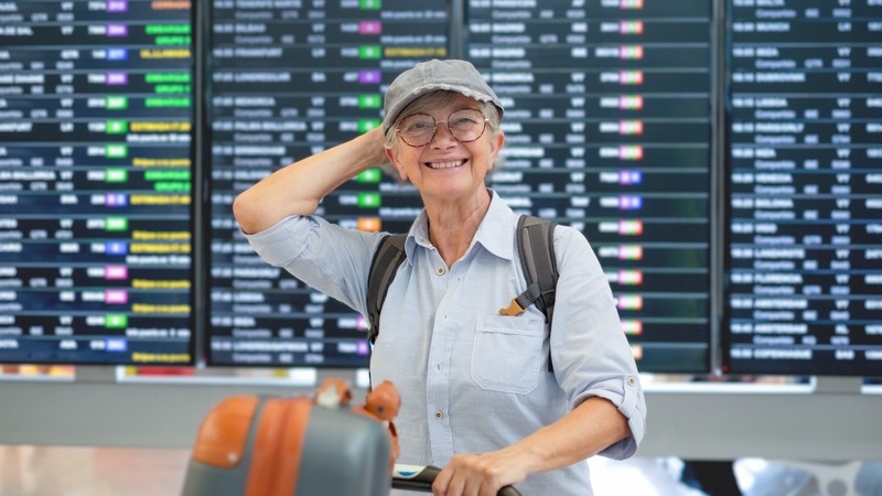 senior travel at an airport. Lucigern