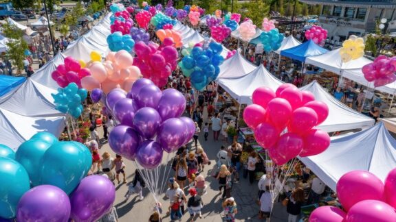 A summer festival with balloons and tents and people.