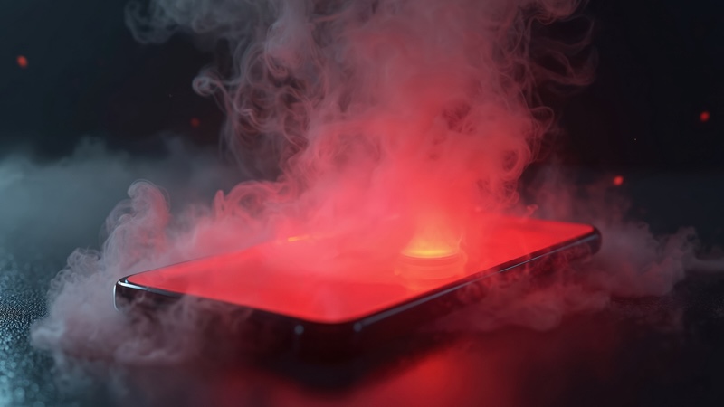 A modern-day smoke screen as a red-faced smartphone is surrounded by smoke
