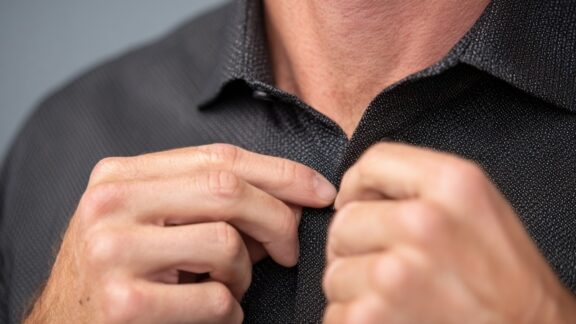 A man using the magnetic buttons on his adaptive clothing. AI generated, Dreamstime