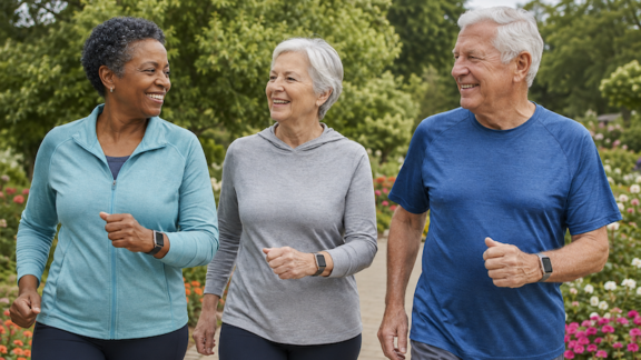 Three older adults power walking outside, each using a smartwatch for seniors. Image by ChatGPT