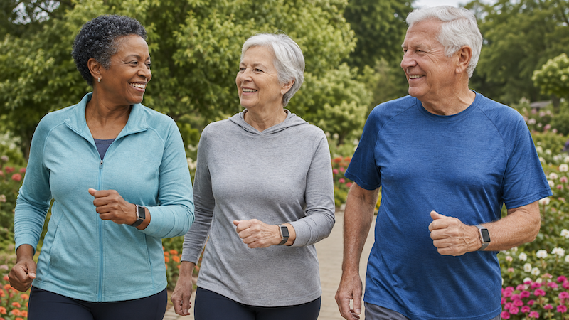 Three older adults power walking outside, each using a smartwatch for seniors. Image by ChatGPT