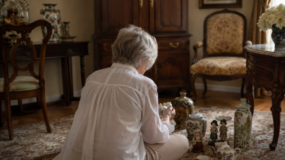 A woman dividing belongings after a death in the family.