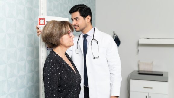A woman getting her height checked at a doctor's office.