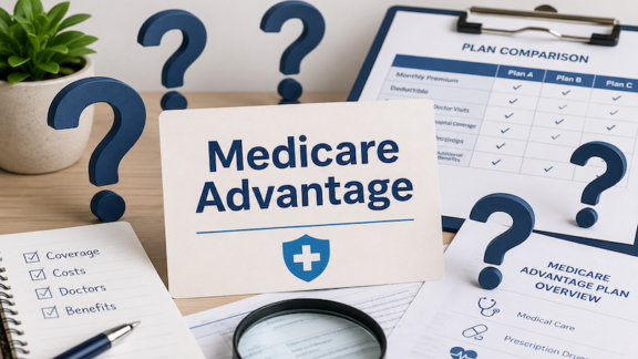 Question marks around Medicare Advantage documents.