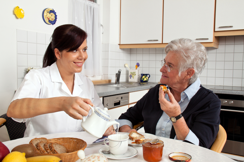 Home care companion helps woman with breakfast in her kitchen. Gina Sanders