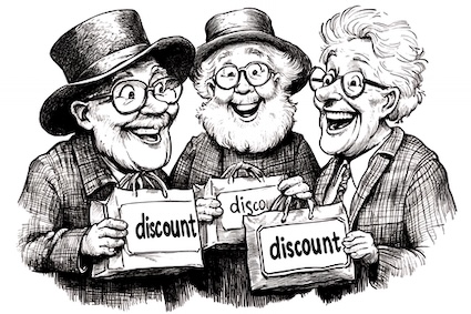 Cartoon of senior discounts - three characters with shopping bags