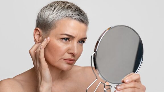 Woman looking into a mirror and wondering about the factors that speed up aging.
