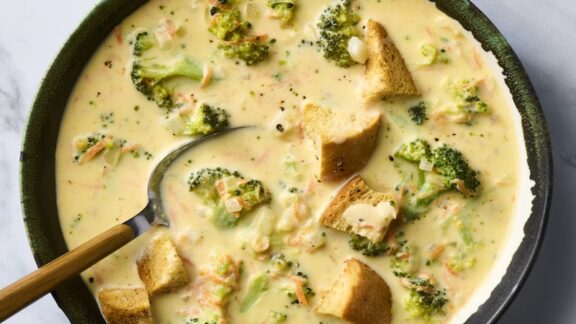 Broccoli cheddar soup in a bowl.