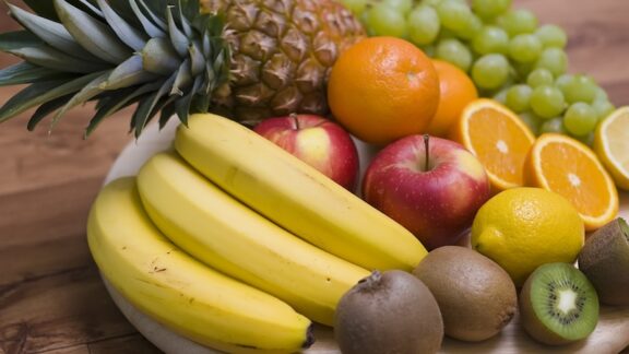 Healthy fruits, with article on healthy eating: fruits and micro greens
