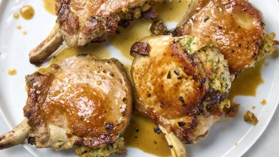 Stuffed pork chops ready to eat