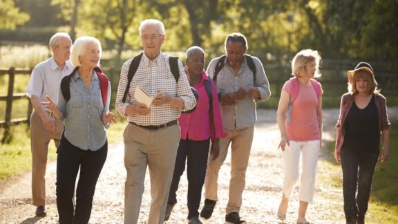 Group of seniors walking, for article on walking safety tips. Monkey Business Images